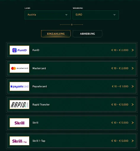 Zahlungsmethoden im Casinia Casino – Einzahlung in Österreich (EUR) Einzahlungsoptionen im Casinia Casino für Österreich mit EUR – FunID, Mastercard, Paysafecard, Rapid Transfer, Skrill und Skrill 1-Tap, inklusive Limits.