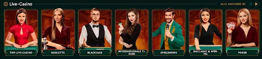 Casinia Live-Casino – Spielauswahl mit echten Dealern in verschiedenen Kategorien Übersicht der Live-Casino-Kategorien bei Casinia mit Optionen wie Top Live Casino, Roulette, Blackjack, Internationale Tische, Spielshows, Baccarat & Würfel und Poker