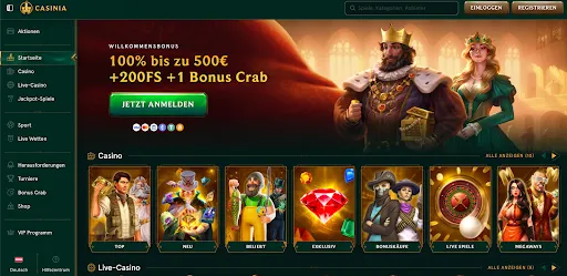 Casinia Casino – 100 % Bonus bis zu 500 € + 200 Freispiele + 1 Bonus Crab für neue Spieler Casinia Casino – Startseite mit Willkommensbonus und Spielauswahl